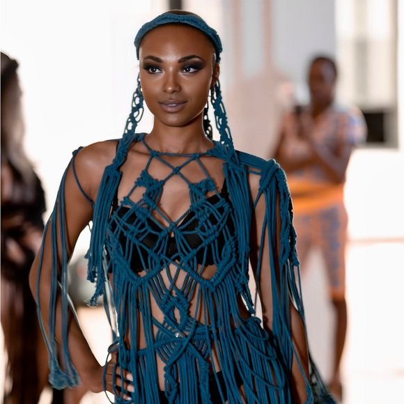 Handmade Macramé Bondage Dress Teal Blue Crochet Cut Out Distressed - Picture 1 of 16